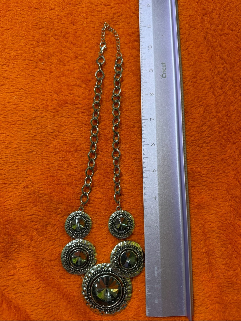 Silver Tone Statement Necklace Dark Black Faceted Stones Medallion Adjustable